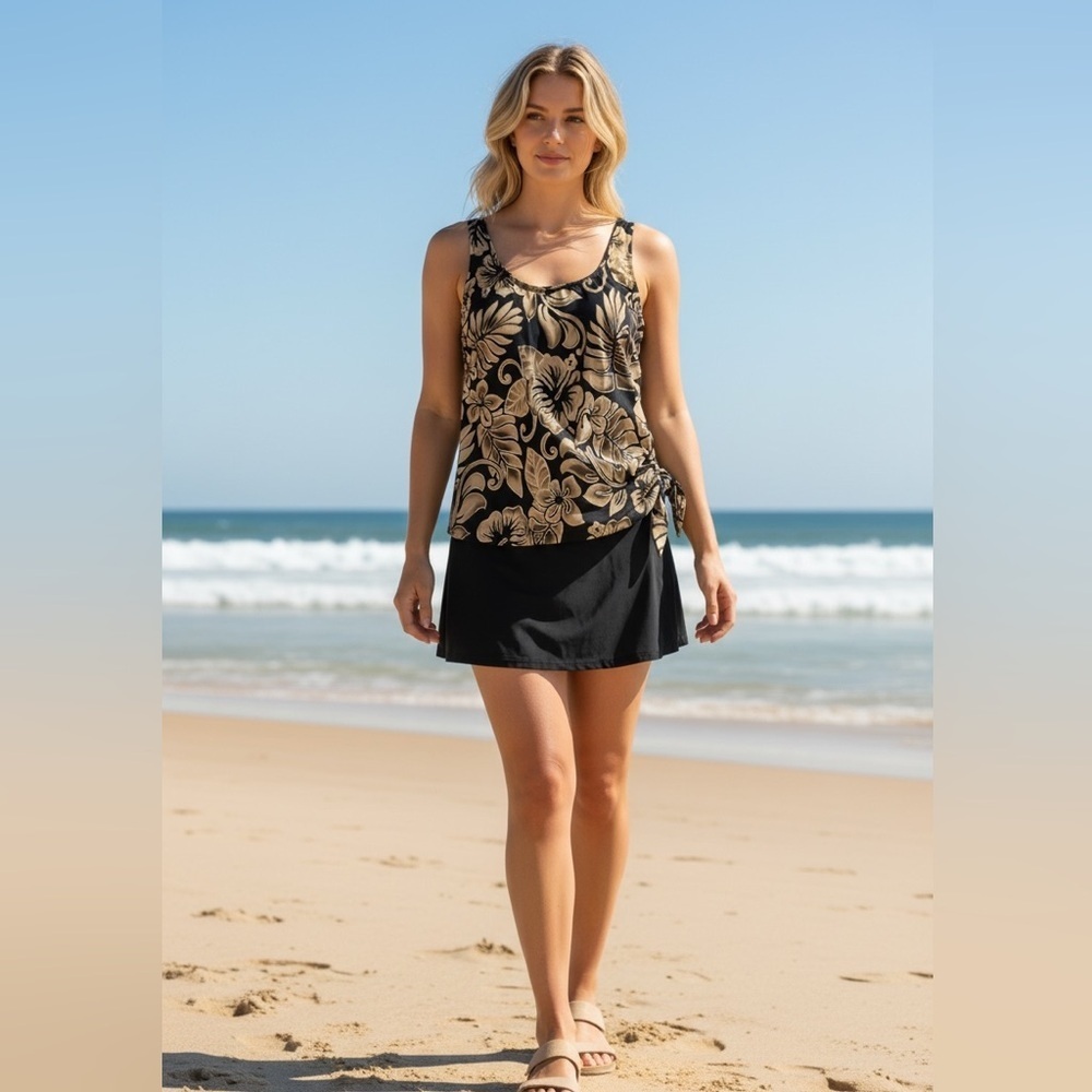 Le Cove Swim Dress, Black and Gold, size 18